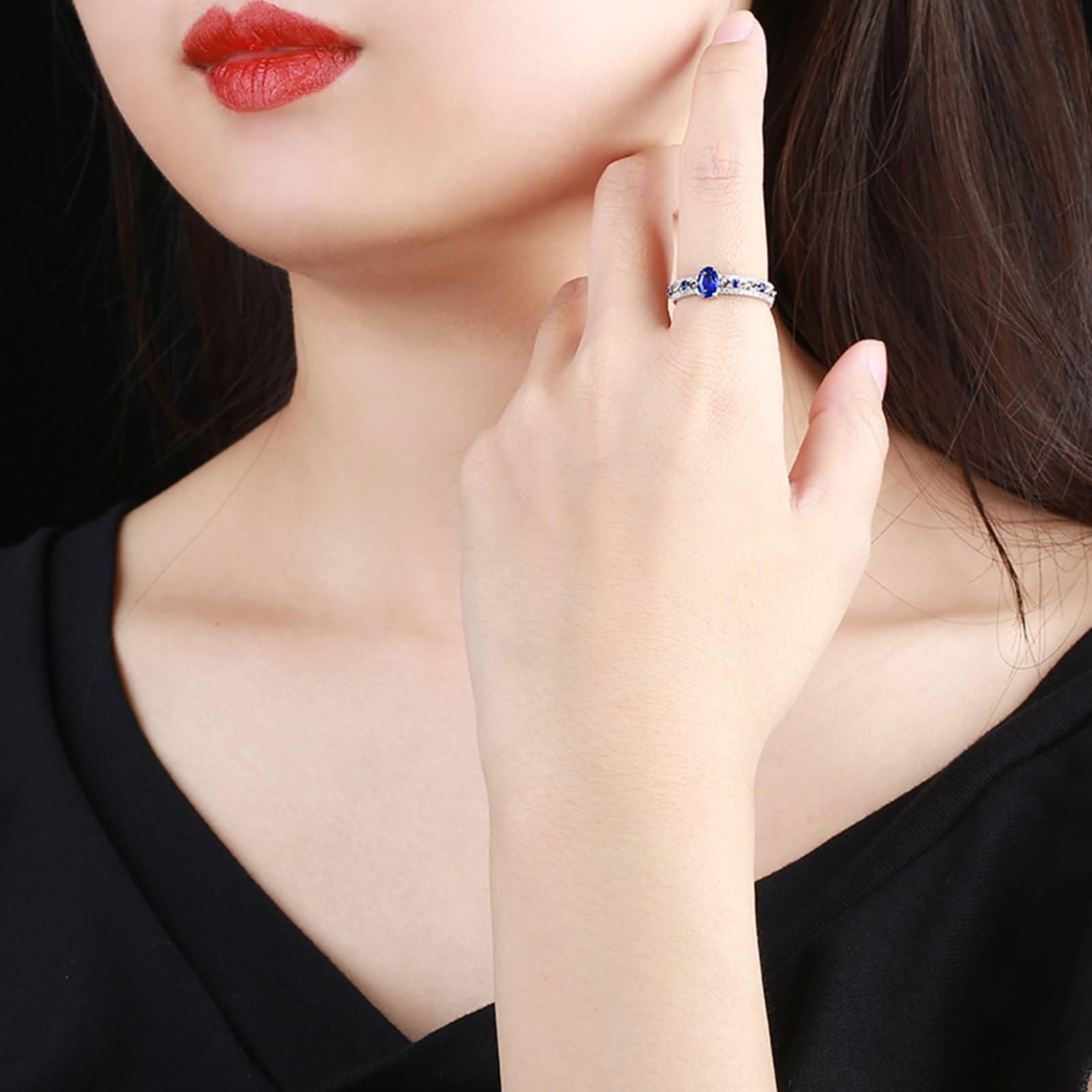 Damen Eheringe Ringe Weißgold 9 Karat / 14 Karat / 18 Karat, 4 Zinken Oval mit Erstellter Saphir 0,75 Karat und Moissanit, Blau Silber Verlobungsring Ehering Damen Ringe