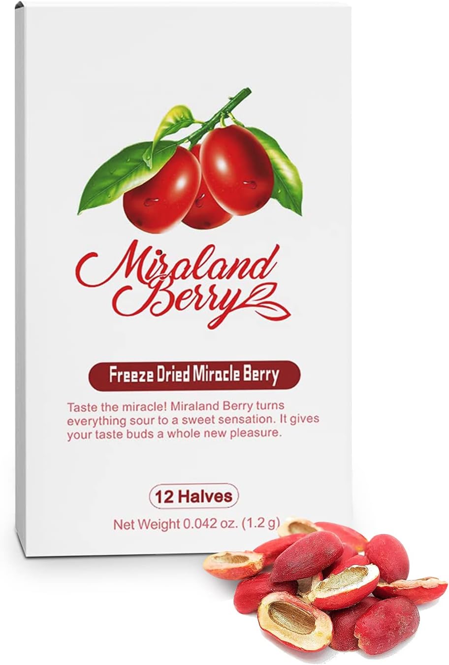 MiralandBerry Freeze Dried Miracle Berry, 12 Halves Berries, Turns Sour Foods to Sweet, Cut Sugar Intake, Food Sweetness Enhancer (1 Pack)