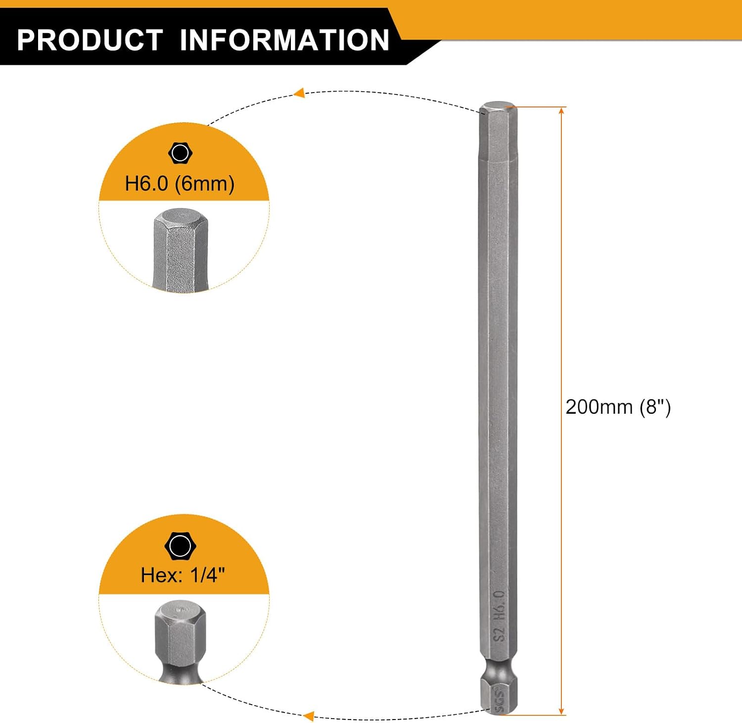 HARFINGTON H6.0 Hex Head Drill Bit Wrench 6mm Metric Flat Tip 1/4" Hex Shank 200mm (8") Long Magnetic Hexagonal Screw Driver Socket Industrial Screwdriver Power Bits