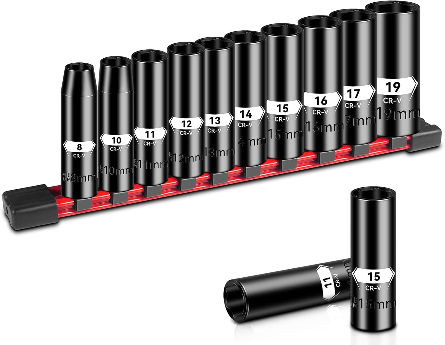 Zhax 3/8" Drive Deep Impact Socket Set, 10 PCS 6 Point Metric Sockets with Rail for 8-19mm (No 9 & 18mm), Cr-V Steel, Electroplated Coating, Ideal for Automotive, DIY
