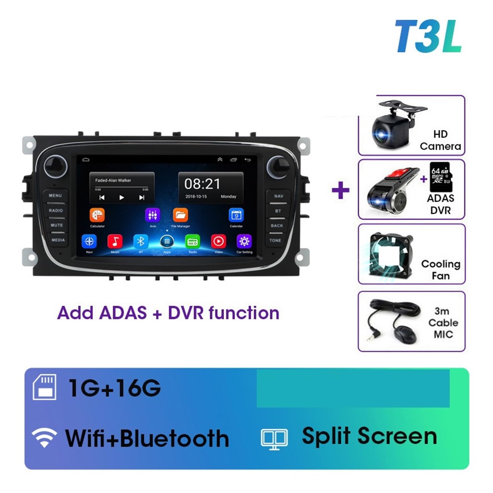 Nawigacja satelitarna Radio Samochodowe Multimedialny Odtwarzacz Wideo Nawigacja GPS(T3L-DVR(Black))