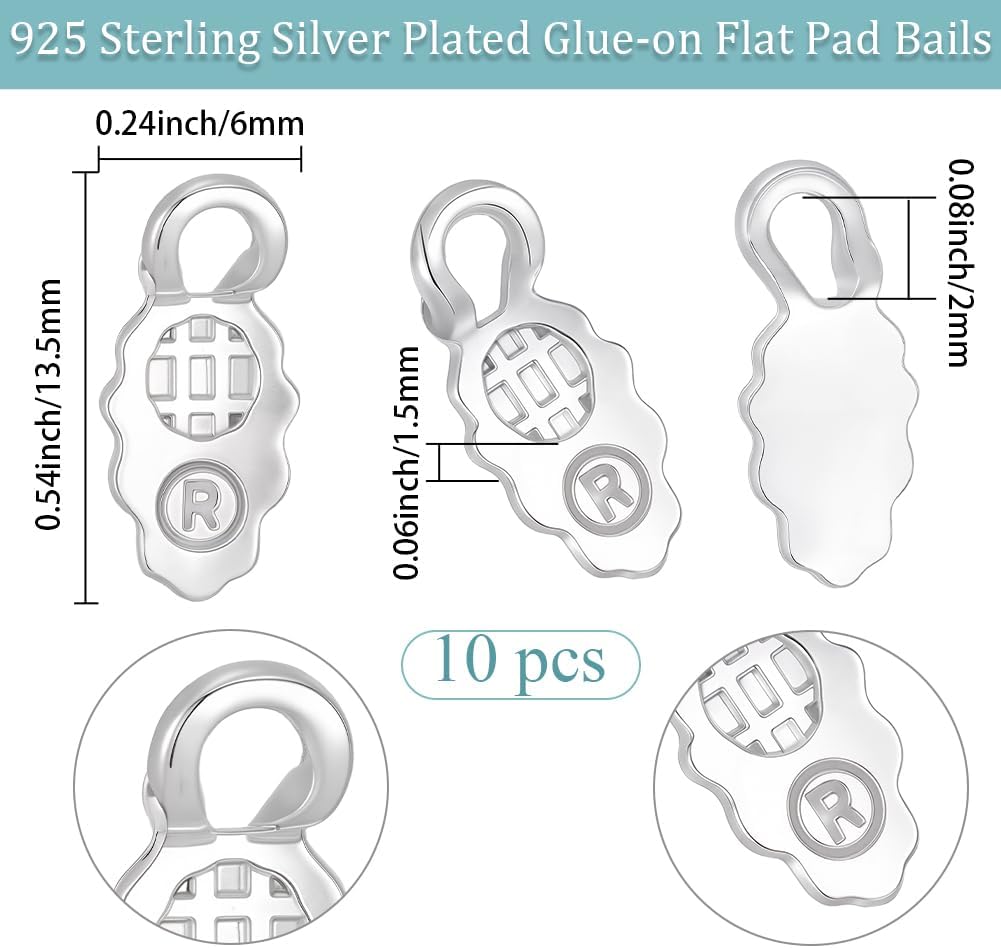 Beebeecraft 1 Box 10Pcs Glue on Bails 925 Sterling Silver Plated Flat Bail Charms Bulk Metal Spoon Base Blank Settings Cabochon Charm Pendants for Jewelry Making Findings Necklace DIY Gems Supplies
