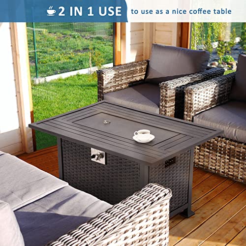 Udpatio 8 Piece Patio Furniture Sets With Gas Fire Pit Table, Outdoor Patio Furniture Sofa Sectional W/Fire Pit, Coffee Table, 2 Waterproof Covers,For Patio Back Deck, Balcany, Poolside,Khaki #TOP2