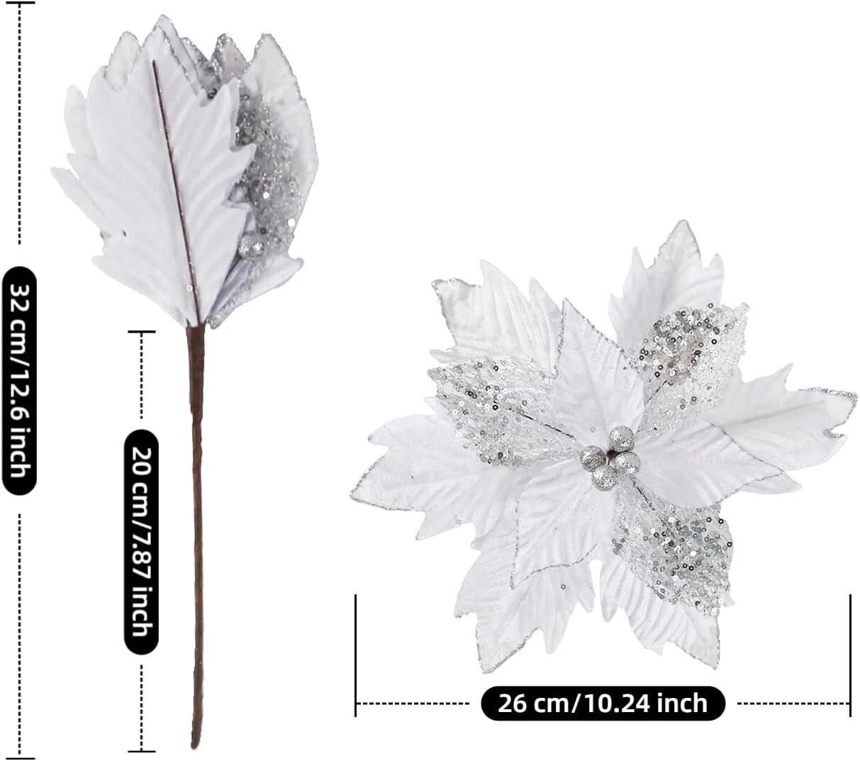 12 PCS Christmas Poinsettia Flowers Artificial, 10 inch Christmas Tree Ornaments White Velvet Poinsettia, Glitter Faux Flowers with Long Stems for Xmas Tree Wreath Garland Wedding Party DIY Decor