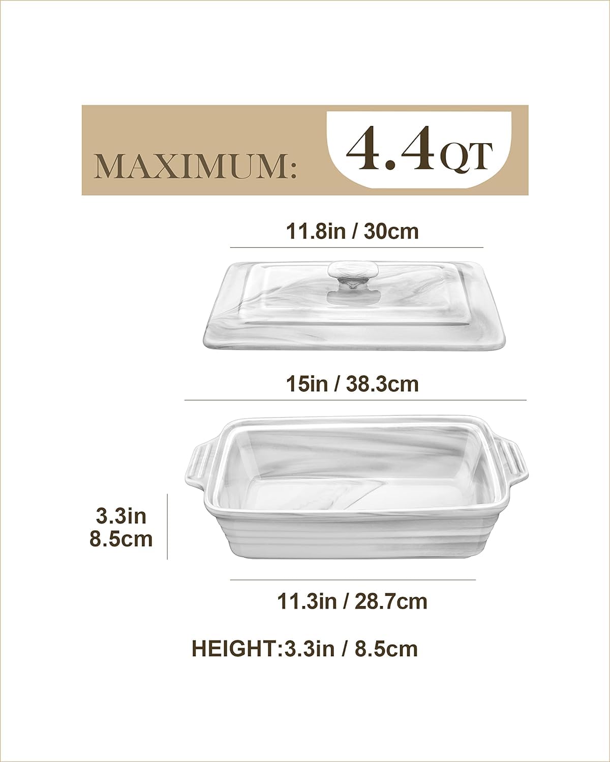 MALACASA Große Auflaufform mit Deckel, 4,4 Quart Keramik-Backform für Ofen, Lasagnepfanne tief mit Deckel, mikrowellen-, spülmaschinenfest, Serie BAKE-GREY