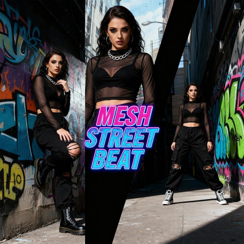 Mesh Crop Tops for Women Long Sleeve Mock Neck Sexy Cropped T Shirts for Punk Rock Outfits Sheer Black Top Womens Y2K Goth - Image 3