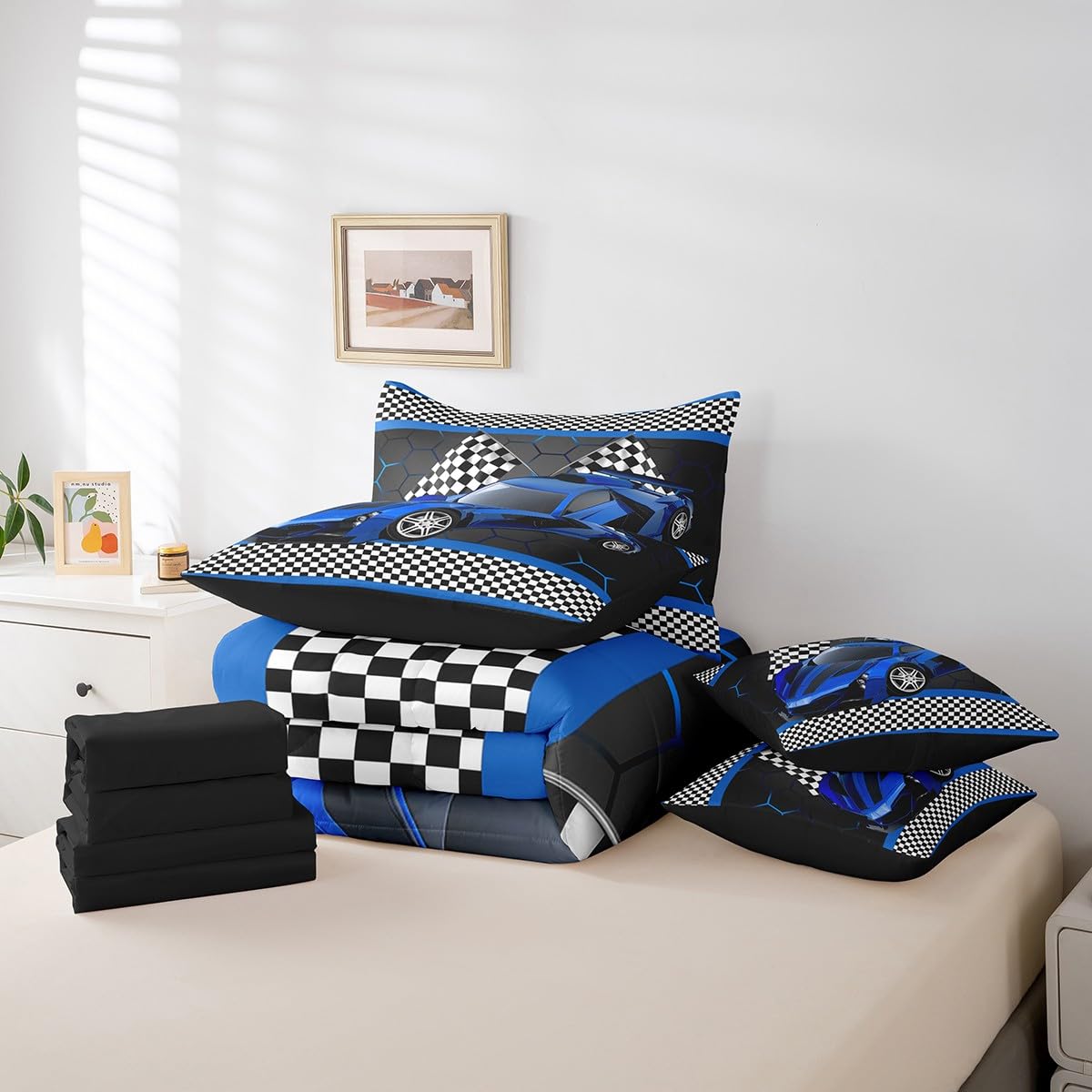 Feelyou Rennwagen-Bettwäsche Für Kinder – Schwarz-Weiß, Kariertes Flaggen-Design, Polyester