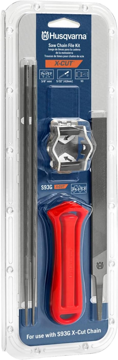 Husqvarna X-Cut S93G Chainsaw File Kit for 3/8" mini Pitch Chainsaw Chains, Sharpening Kit Includes Handle, Combination Guide, Flat and Round Files