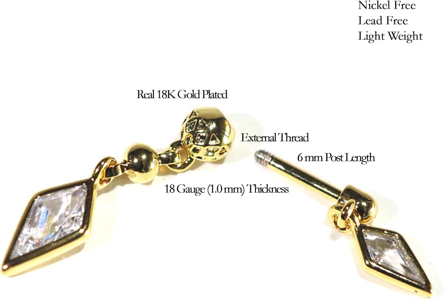 vangobeauty Sterling Silver External Thread 18 Gauge Barbell Double Kite Shape Cubic Zirconia Drop Earring Nickel Free Handmade In USA