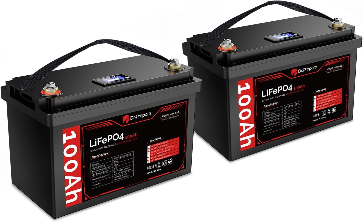 DR.PREPARE Group 31 12V 100Ah LiFePO4 Deep Cycle Battery with Monitor Display & 100A BMS, Rechargeable Grade A+ Cells Lithium Iron Phosphate Battery for RV, Marine, Boat, Trolling Motor, Photo voltaic, 2 Pack