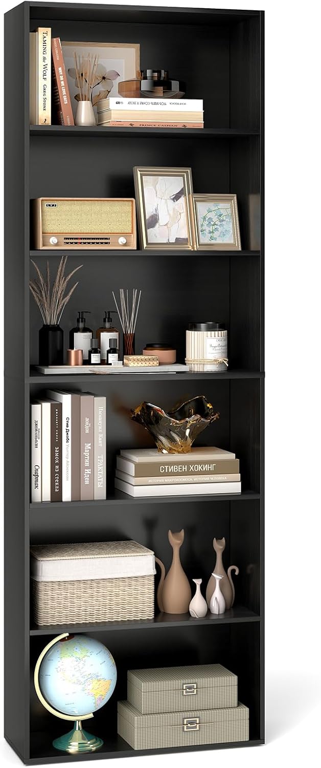 Tangkula 6-Tier Bookcase, 70” Tall Freestanding Bookshelf with 6 Open Shelves, Anti-Toppling Kits, Floor Display Storage Organizer for Living Room, Study, Kitchen, Home & Office (Black, 70" H)