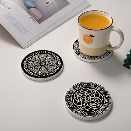 Miniatura 4 de HUXJOKO Juego de 6 posavasos para bebidas, posavasos de cerámica absorbente mágica vikinga negra, alfombrilla redonda de piedra, con base de corcho