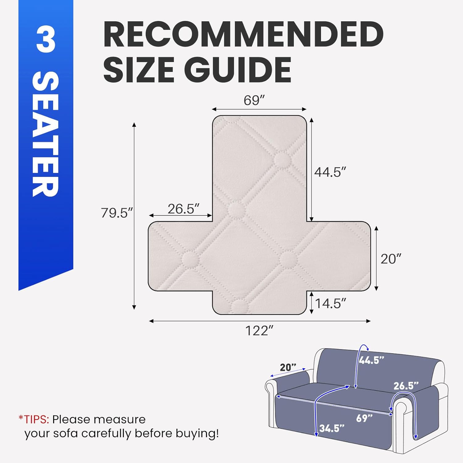 XINEAGE Waterproof Couch Cover for Dogs, 3 Seater Sofa Cover with Elastic Straps & Pockets, Triple Non-Slip Protection, Washable Furniture Protector for Kids (69" Sofa, Beige)