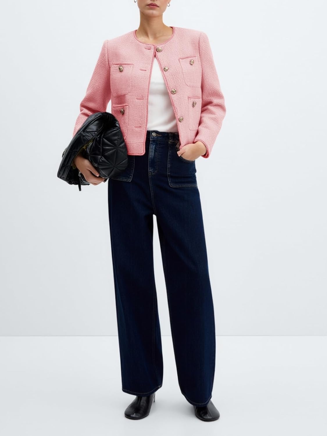 Cicy Bell Tweed Blazers for Women 2025 Collarless Button Down Womens Cropped Jackets - Image 6