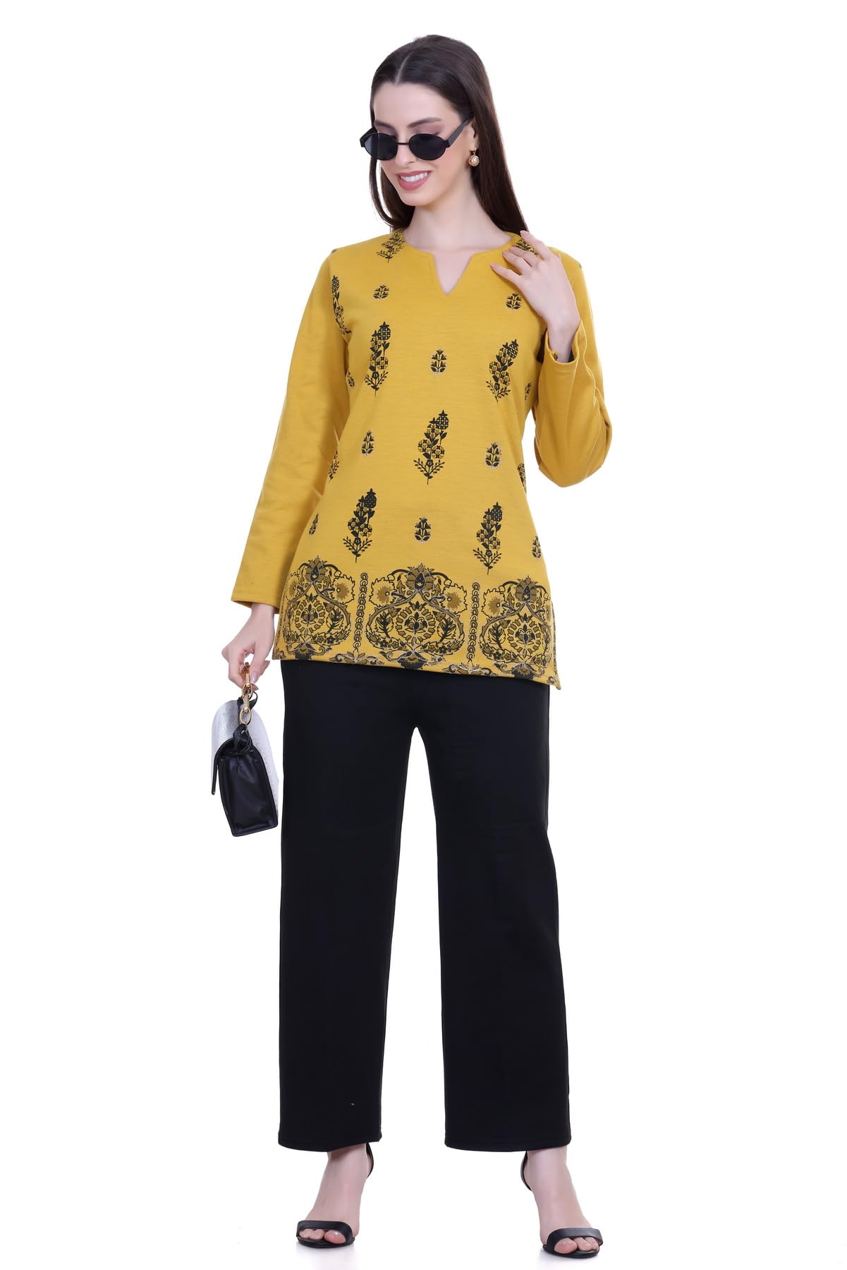 rosary Women's Girls Woollen Winter Wear Co-ord Set Short Kashmiri Printed Zari Work Phiran Ethnic Top Bell Bottom Pant With Pockets-picture-48