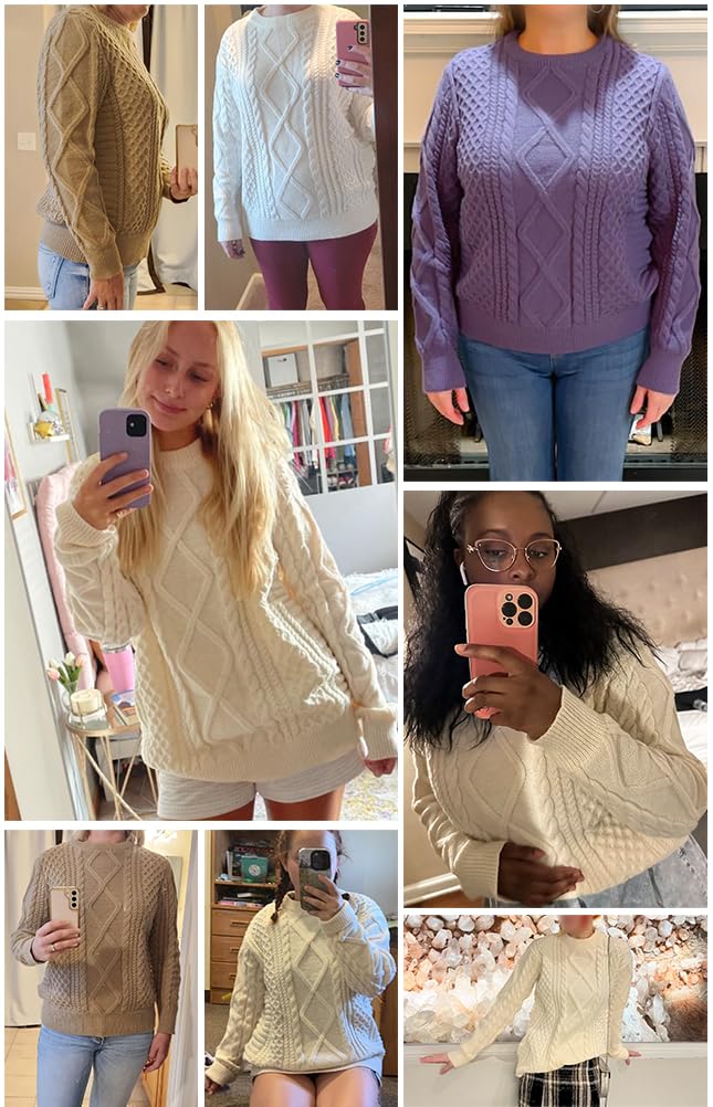 GRECERELLE Pull à col rond en tricot torsadé pour femme - Pull à manches longues pour femme
