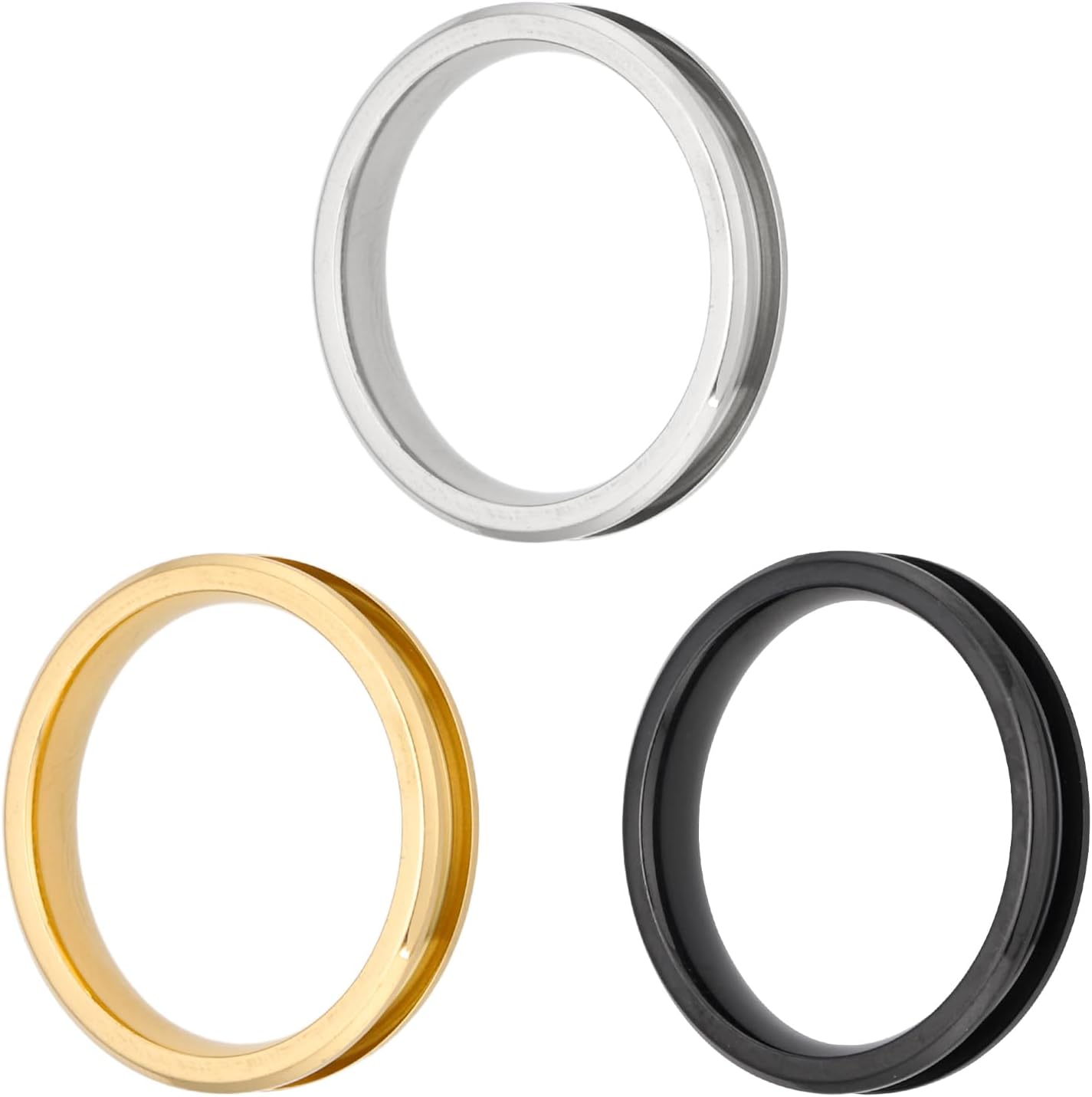 MECCANIXITY 3 Pcs Titanium Steel Ring Blank, 4mm Width Grooved Inlay Ring Blanks for Jewelry Making DIY Craft Supplies(Black/Gold/Silver, Size 9)