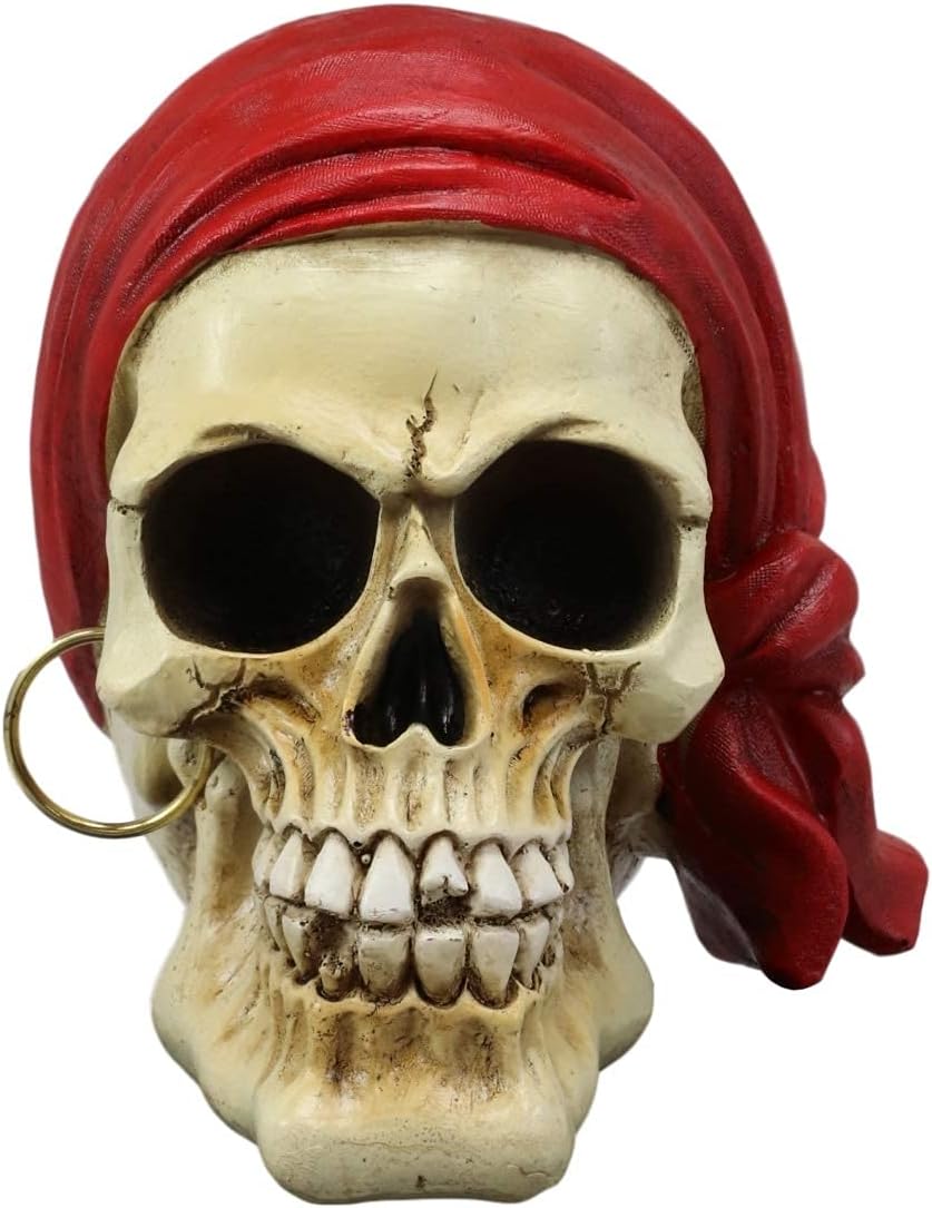 Ebros Ghost Ship Pirate Skull with Red Bandana and Gold Earring Statue 6" Long Nautical Halloween Fantasy Pirates Skulls Gothic Spooky Macabre Figurine Skeleton Bones Cranium Decor