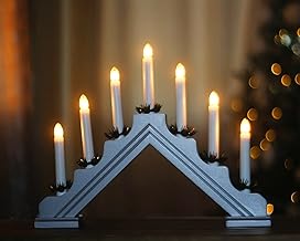 Mains Operated 7 Wooden Pre-Lit Christmas Candle Bridge Arch Window Decor Xmas Warm White Light (Grey)