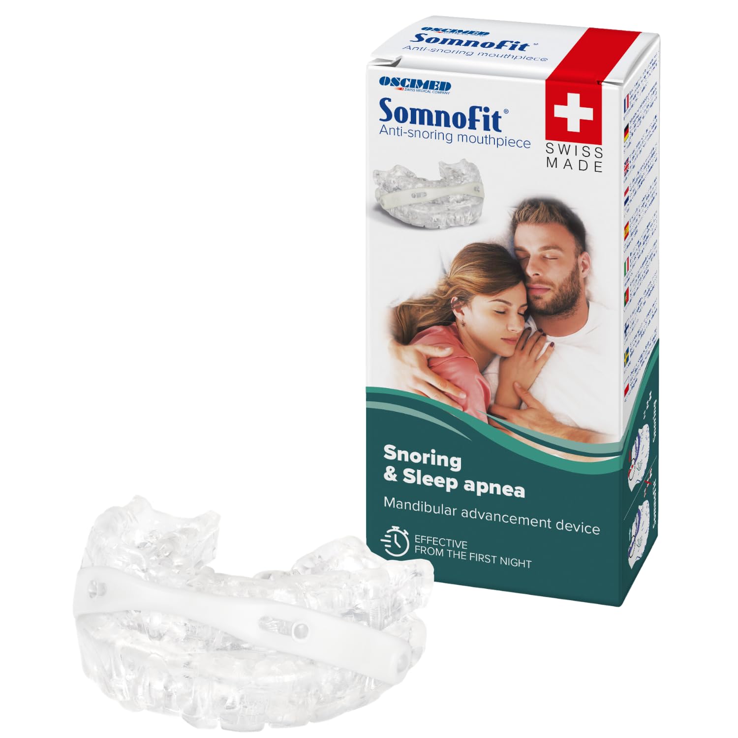 Somnofit – Ortesis antironquidos y apnea – Canal dental flexible y termoformable – Diseño patentado, gran comodidad – Ortesis mandibular fabricada en Suiza
