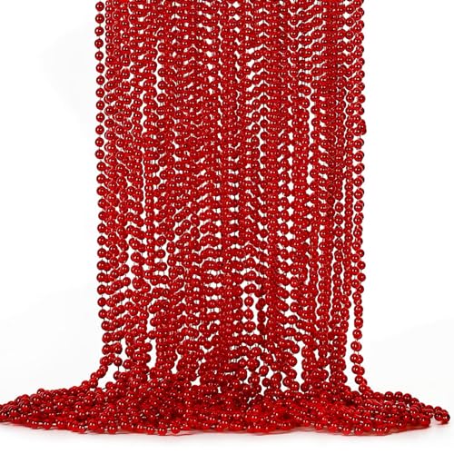 Image of EOBOH 24PCS Bead Necklace, Red Bead Necklace Stuff Party Favors, 33 inch Christmas Necklaces Festival Parade Throw Accessories for Wedding Birthday Valentines Mardi Gras Xmas Celebrations Decorations