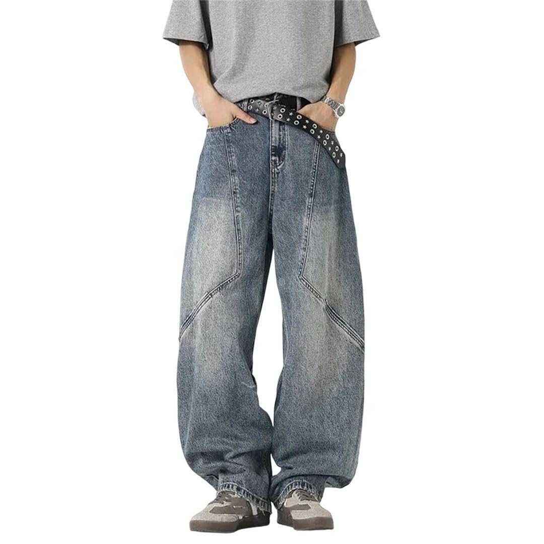 Mens Relaxed Fit Wide Leg Jeans Patchwork Floor Length Denim Pants