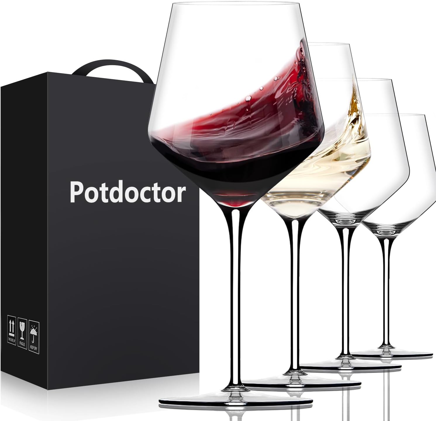 Potdoctor Red Wine Glasses Set of 4-18oz,White Crystal Hand Blown Wine Glass with Long Stem, Ultra-thin for Wine Tasting, Gift for Anniversary, Birthday, Party