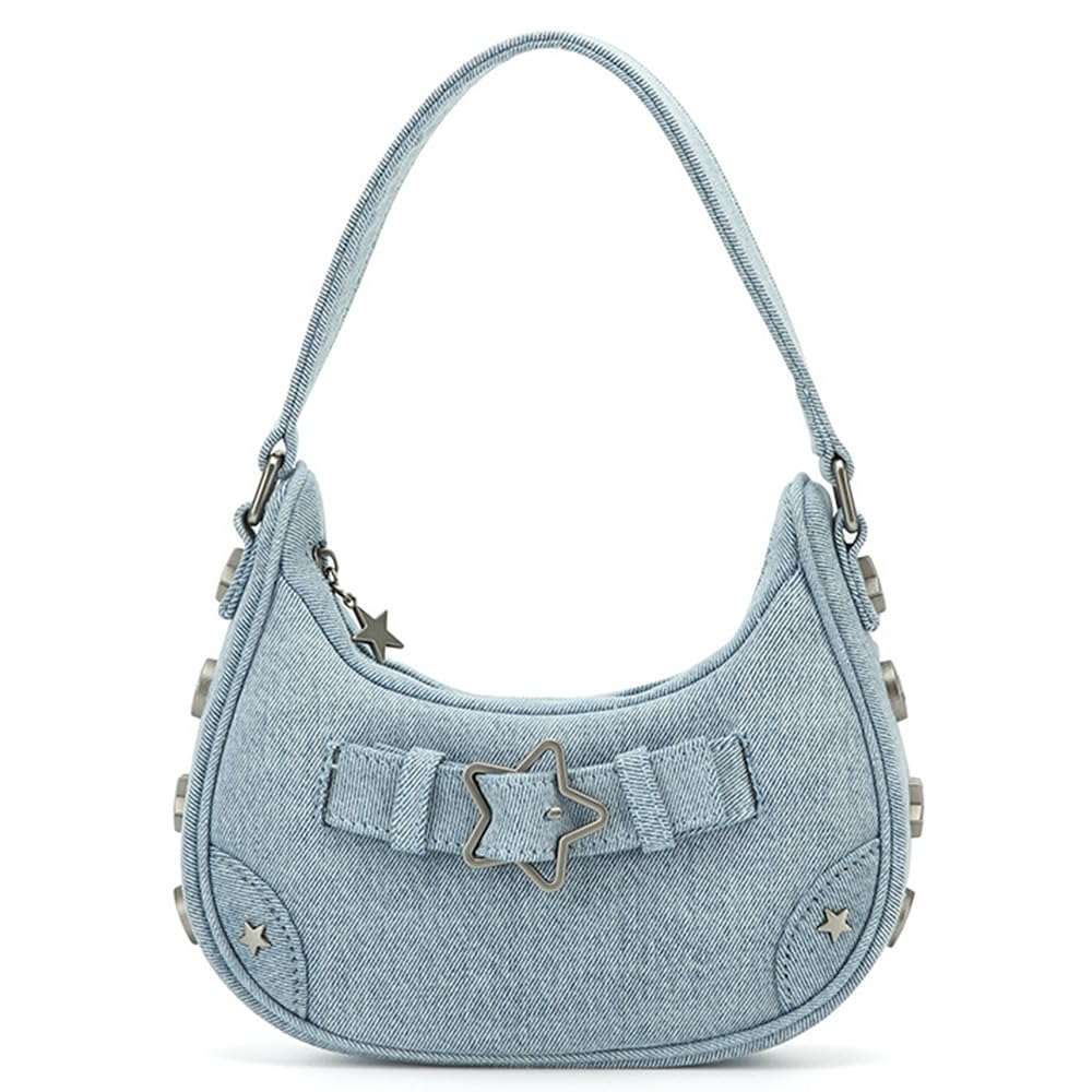 RTGGSEL Women's Y2K Purse Cute Stars Studded Underarm Bag Small Shoulder Handbag (Star Denim Blue)