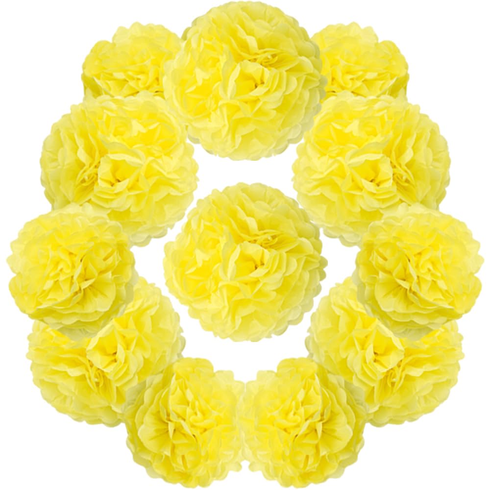 Yosawo 12 Pack Tissue Paper Pom Poms 10" & 12" Paper Flowers for Wedding Birthday Party Baby Shower Valentine Day Decorations(ZH/Yellow)