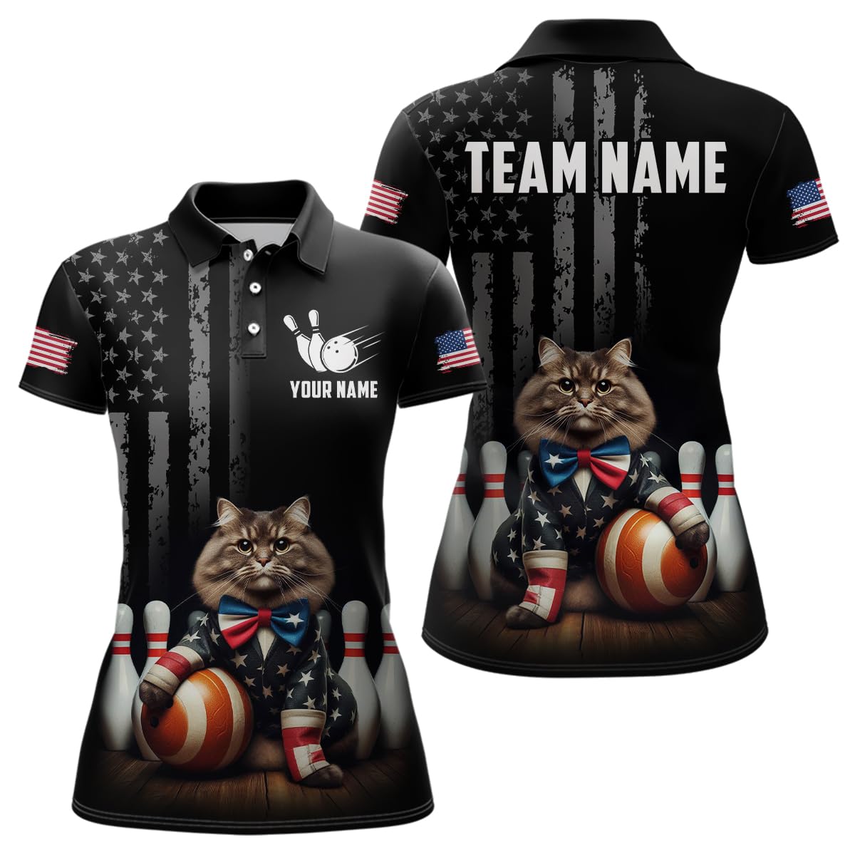PIONAMZIOZ Personalized US Bowling Shirt for Men Women Patriotic Cat Bowling Jerseys Polo & Quarter Zip Bowling Gifts (US, Alpha, Small, 5X-Large, Regular, Regular, Women Polo)