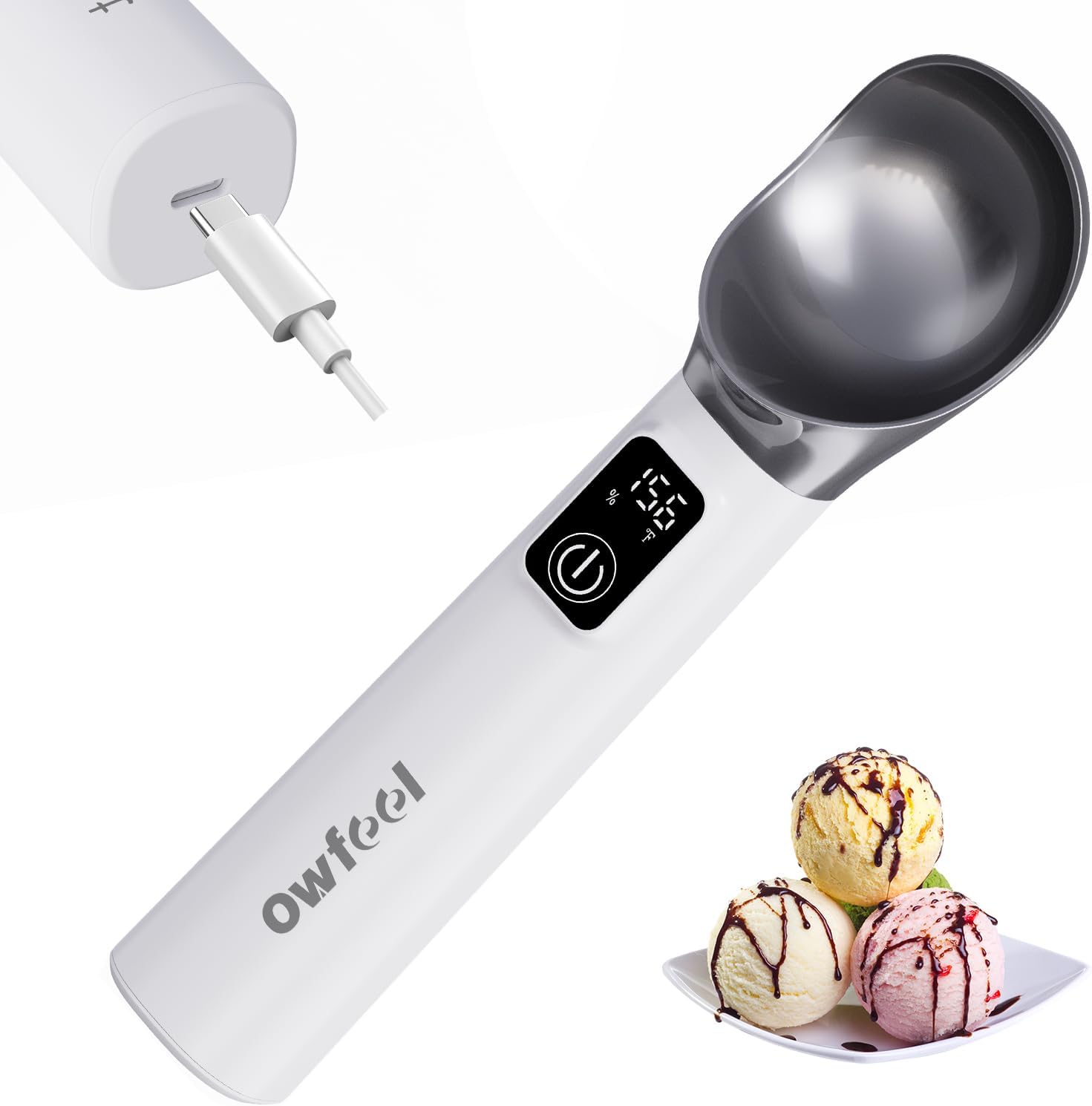 Owfeel Heated Ice Cream Scoop with ON/OFF Switch, 5000mAh Rechargeable Electric Heated Ice Cream Scooper with LED Display, for Hard Ice Cream, IP67 Waterproof, Max to 158℉