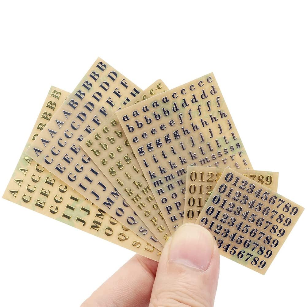Acfthepiey 6 hojas pequeñas de 0.12 pulgadas de letras adhesivas de aleación de letras adhesivas doradas/plateadas (3 mm)