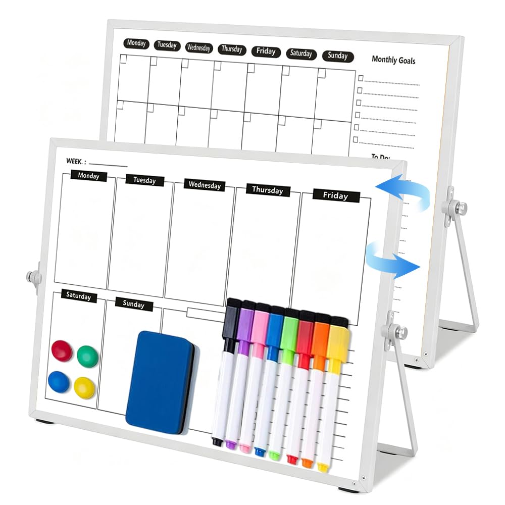 KQWVZ Double Sided Whiteboard Calendar, 40 x 30 cm Dry Erase Whiteboard with Stand, Double-Sided Monthly and Weekly Planner Whiteboard, with 8 Markers, 4 Magnets and 1 Eraser, for Planning, to Do List