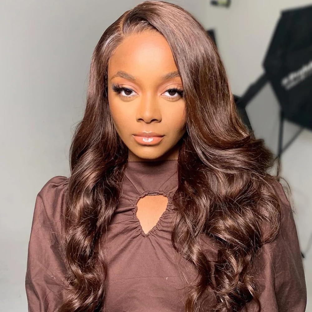 13x6 Chocolate Brown Lace Front Wig Human Hair HD Transparent Lace Frontal Wigs Body Wave Pre Plucked 150 Density (#4 Chocolate Brown Wig