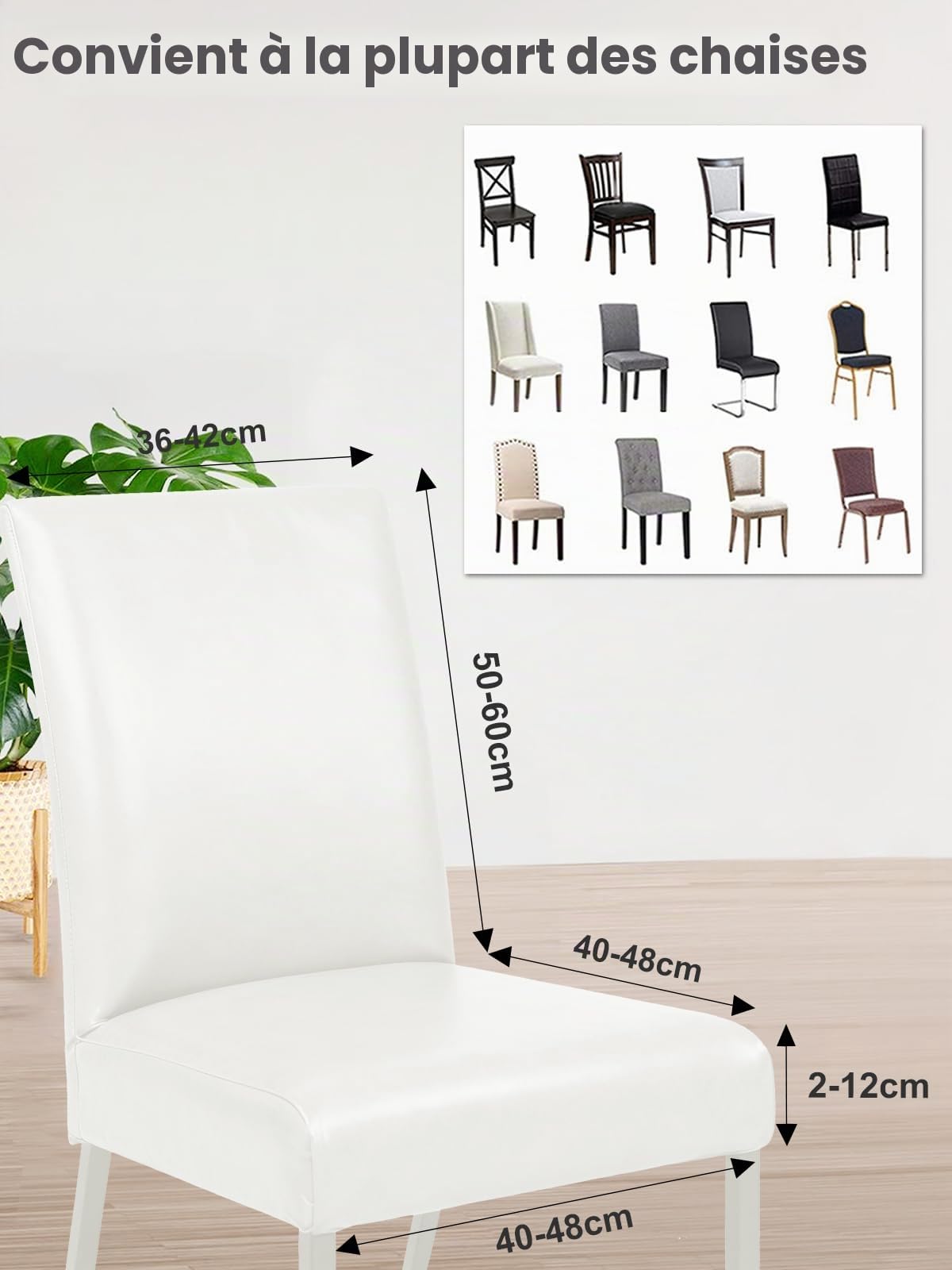 Lot de 6 housses de chaise en cuir synthétique blanc, élastiques et imperméables, lavables et amovibles, universelles pour salle à manger, cuisine, restaurant, hôtel et mariage