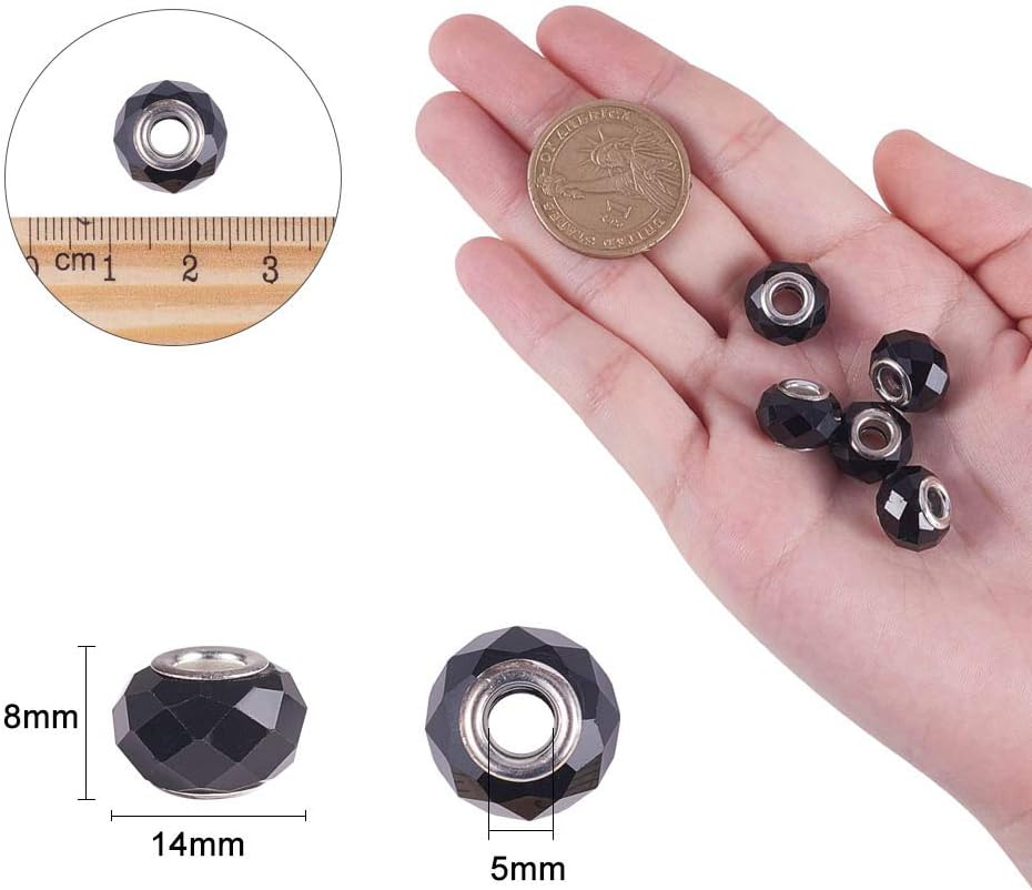 NBEADS 100 Pcs Handmade Black European Glass Beads Spacers with Large Hole Silver Color Brass Core, 14mm In Diameter - Image 3