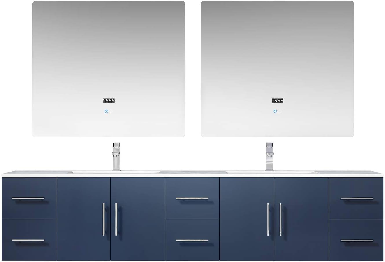 Geneva 84 in. W x 22 in. D Navy Blue Double Bath Vanity, Carrara Marble Top and 36 in. LED Mirrors