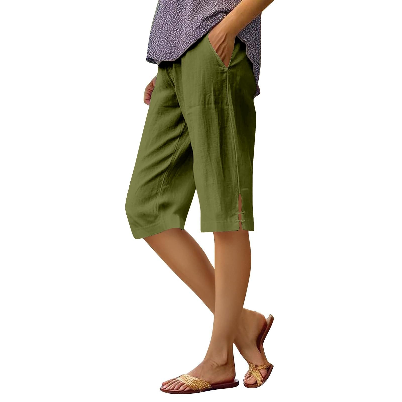 Caprihose Damen Sommer Hohe Taille Elegante Casual Sommerhose Leinen Stoffhose Verstellbarer Elastikbund Mehrere Taschen Einfarbig LäSsige Freizeithose Leichter Stoff Für Haus