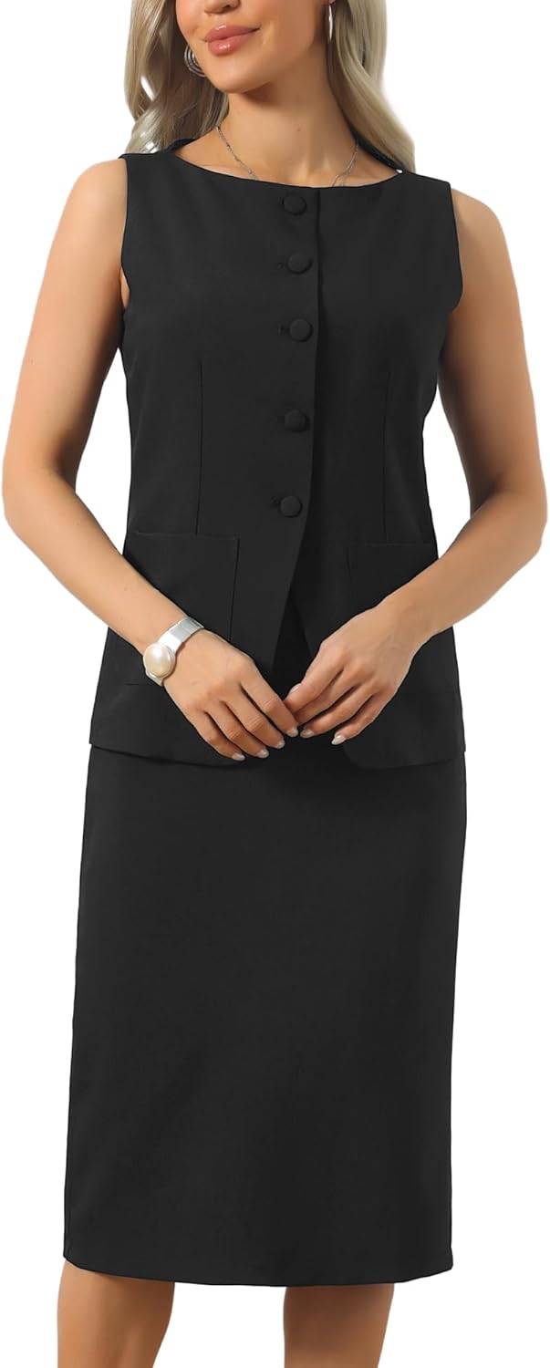 Allegra K 2 Piece Skirt Sets for Women's Boat Neck Button Down Blazer and Pencil Skirt Business Linen Suits