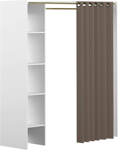 Amazon Brand - Movian Arga Space-Saving Wardrobe with Adjustable Shelves, 123/160 x 50 x 182 cm, White with Taupe Curtain