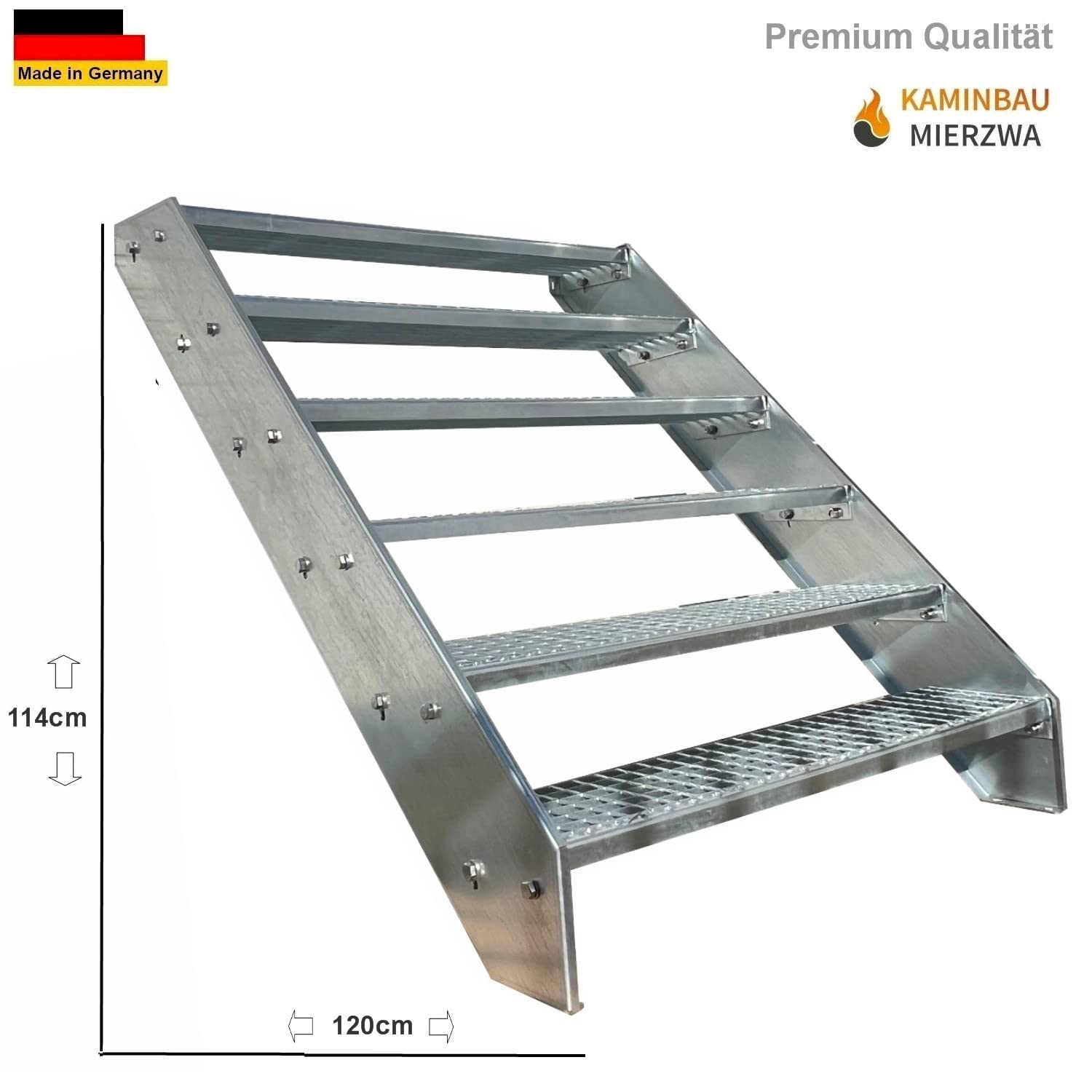 Premium Caillebotis acier Escalier à limon 6 Marches Entièrement galvanisé - Dimensions (L x l x H) 120cm x 60cm x 114cm Résistant aux intempéries et protégé contre la corrosion