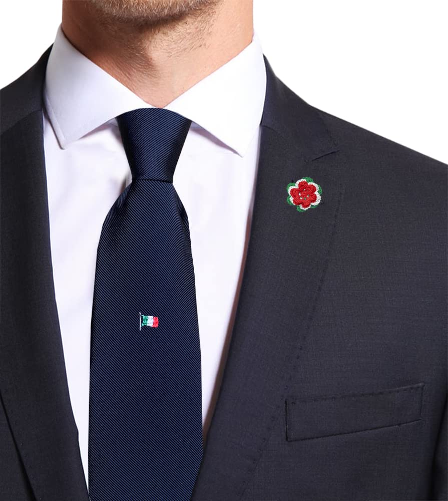 Remo Sartori Made in Italy Blue Necktie with Italian Flag Undernode Embroidery, 3.14'' Width, Silk