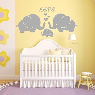 Large Cute Elephant Family with Hearts Wall Decals Baby Nursery Decor Kids Room Wall Stickers, (Large)40'W x19'H, Grey
