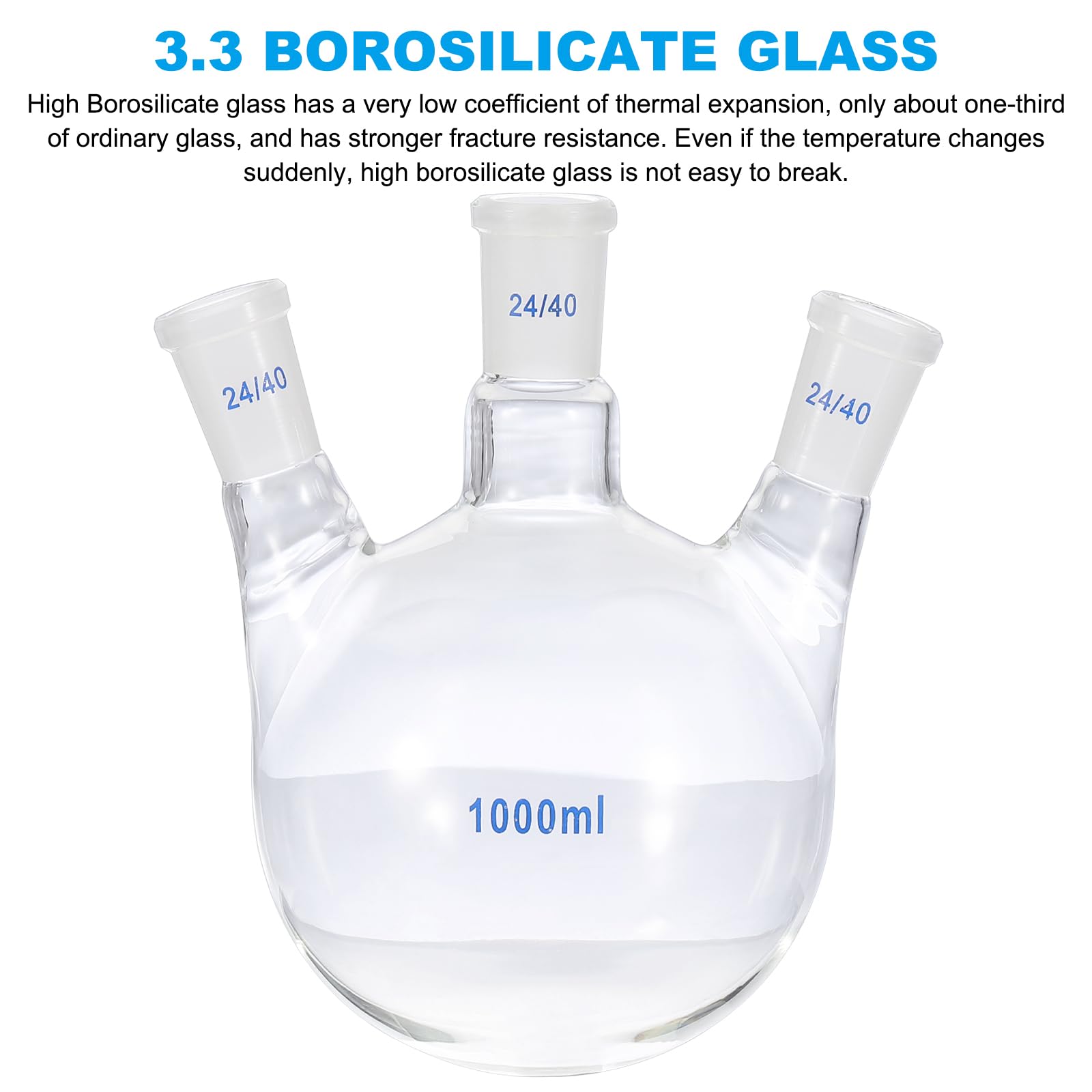PATIKIL Fiaschetta per ebollizione da 1000 ml, in vetro borosilicato 3.3, con fondo rotondo a 3 colli, fiaschetta da parete pesante con giunto esterno conico standard 24/40, per laboratorio