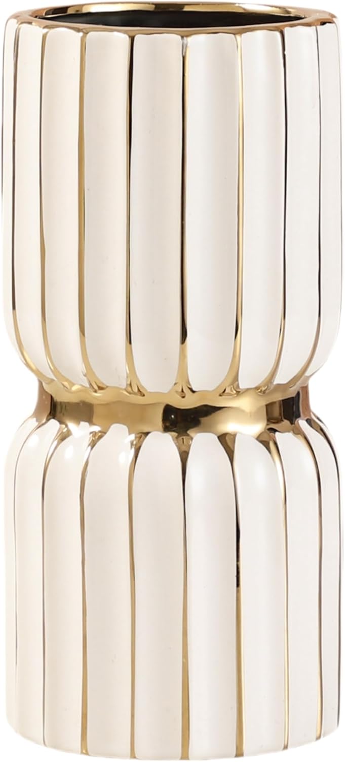 White Gold Vase Ceramic Home Living Room Center Decor Vase, Candelabra Style, White Gold, Hydroponic Flowers