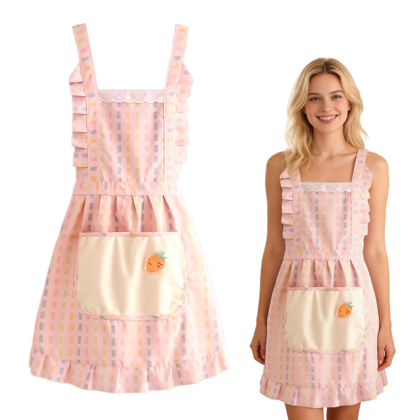 HUANYO Cute Rustic Floral Apron for Women - Lightweight Adjustable Apron for Baking, Gardening, Cafe, with Pocket & Hand Towel, Fresh Country Style Kitchen Apron (pink)