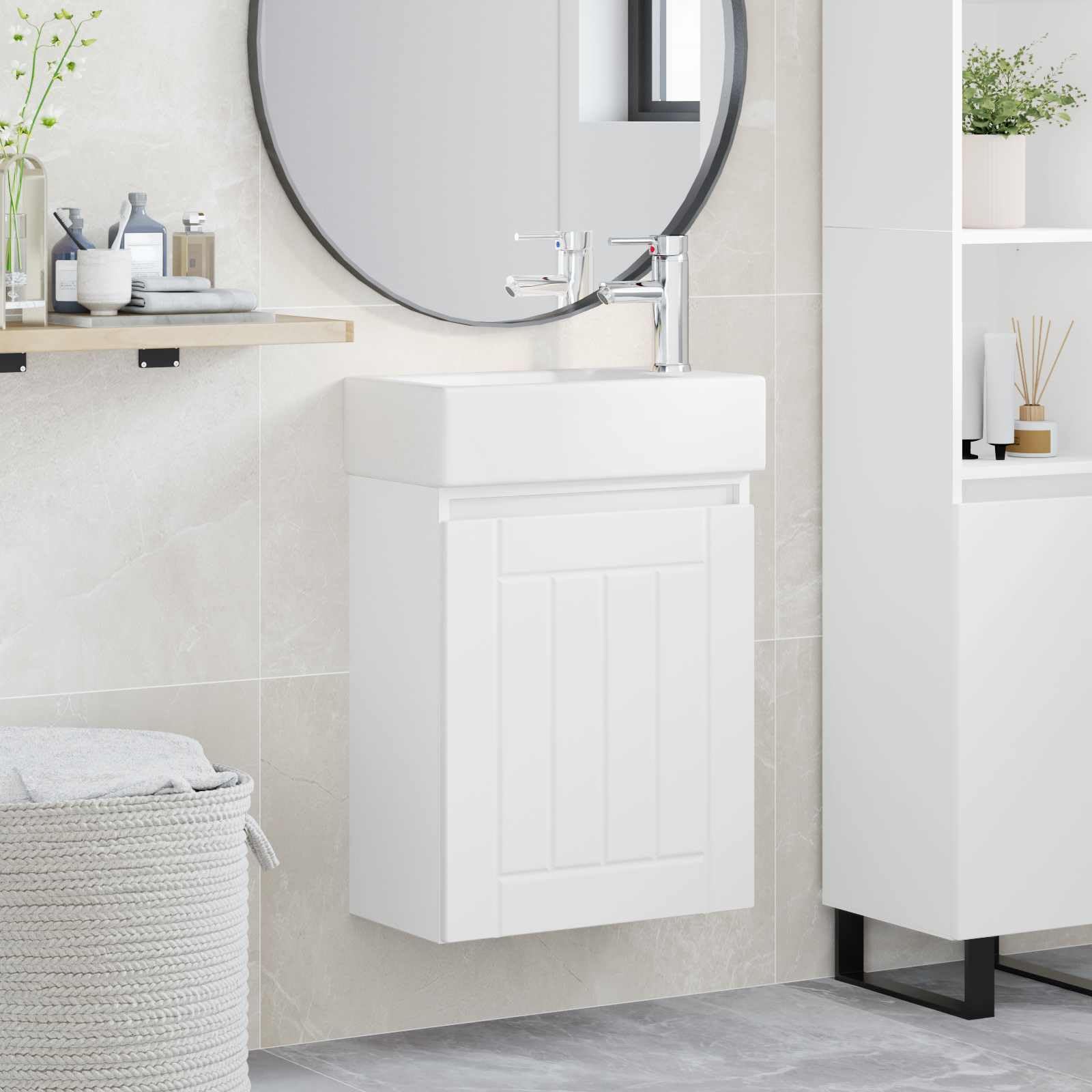 Mobile sottolavabo da bagno bianco con lavabo in ceramica e rubinetto argento, 45,5 x 25,5 x 84 cm, con vano portaoggetti, porta reversibile, scarico a pressione e montaggio a parete, per WC