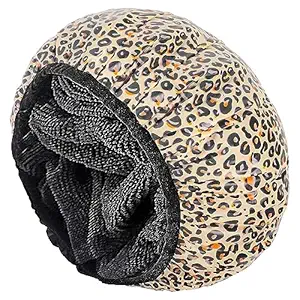 Auban Shower Cap, Shower Cap for Women Terry Cloth Lined EVA Exterior Reusable Double Layer Waterproof, Large Bath Hair Cap, Hotel Travel Essentials Accessories Cleaning Supplies (Leopard)