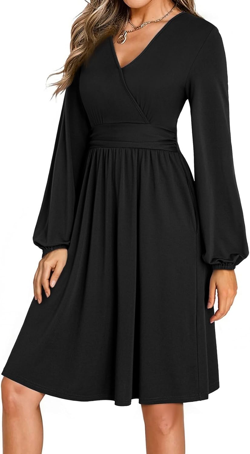 Dokotoo Womens 2026 Spring Summer Wrap V-Neck Long Sleeve Empire Waist Dress Elegant Mini Dresses with Pockets