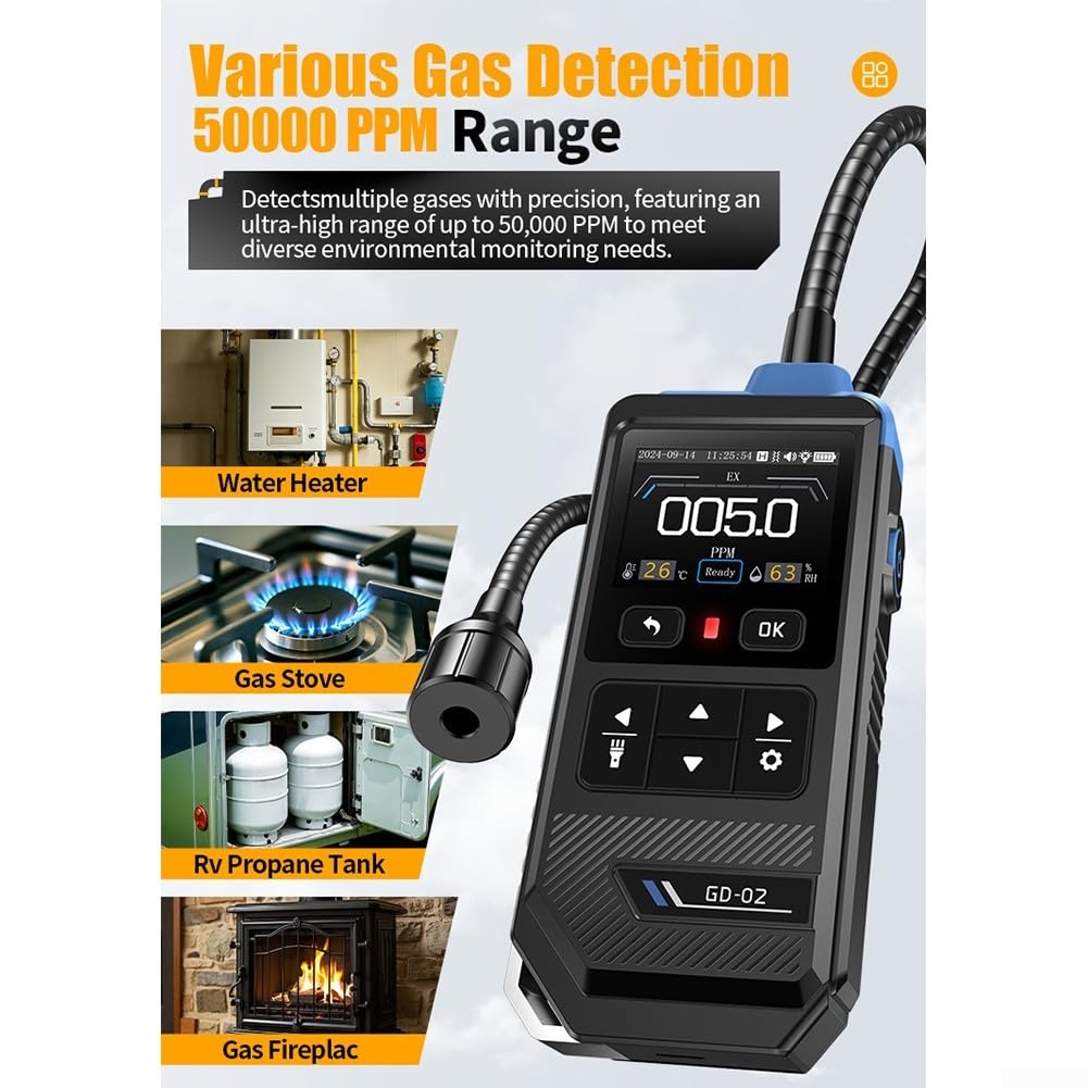 GD-02 Detector de fugas de gas 0-50000ppm Metano propano Isobutano Monitor con alarma, pantalla de 2 pulgadas para pruebas de seguridad industrial en el hogar